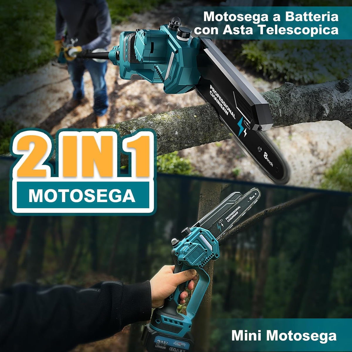 Rinoxar Motosega X9 2IN1（8 pollici，2×4000mAh ，ASTA TELESCOPICA）